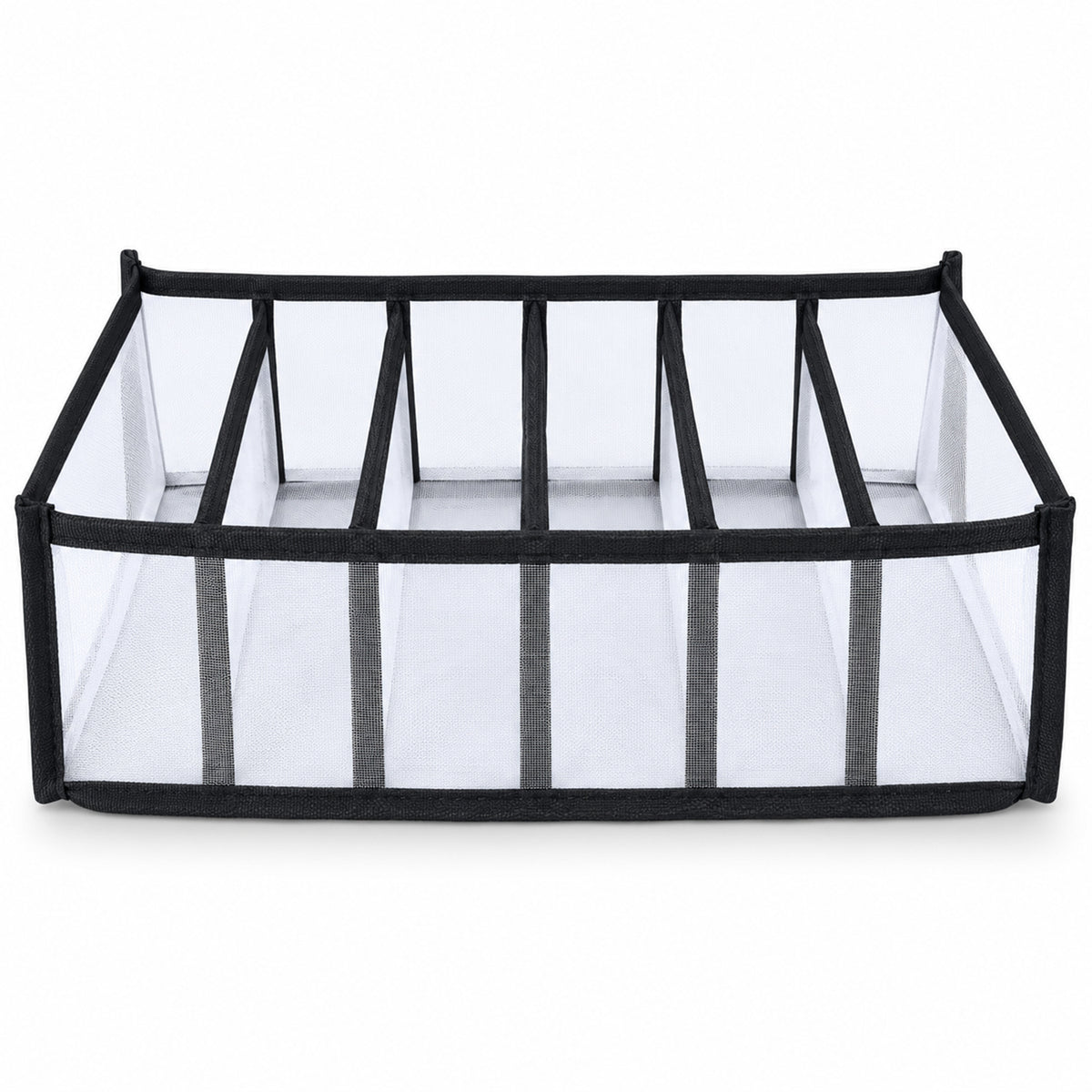 Six section mesh organizer on white background