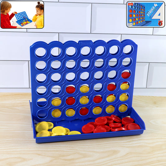Funskool Strike 4 strategy board game with red and yellow discs set up.