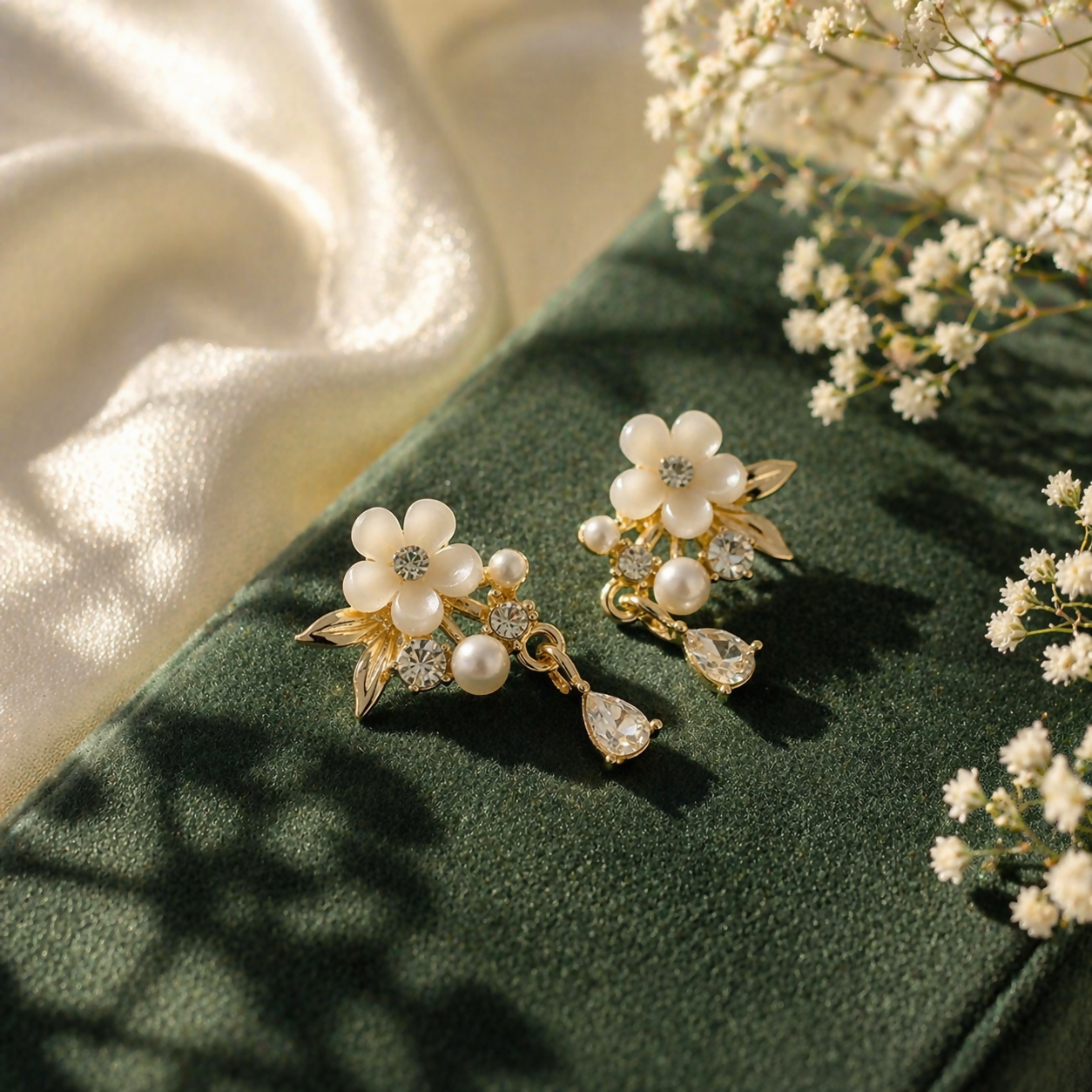 Gold-plated floral pearl earrings displayed on white background