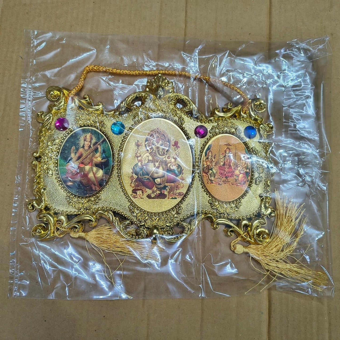 Golden Triple God Wall Hanging with Ganesha Lakshmi Saraswati (Triple Oval Design)