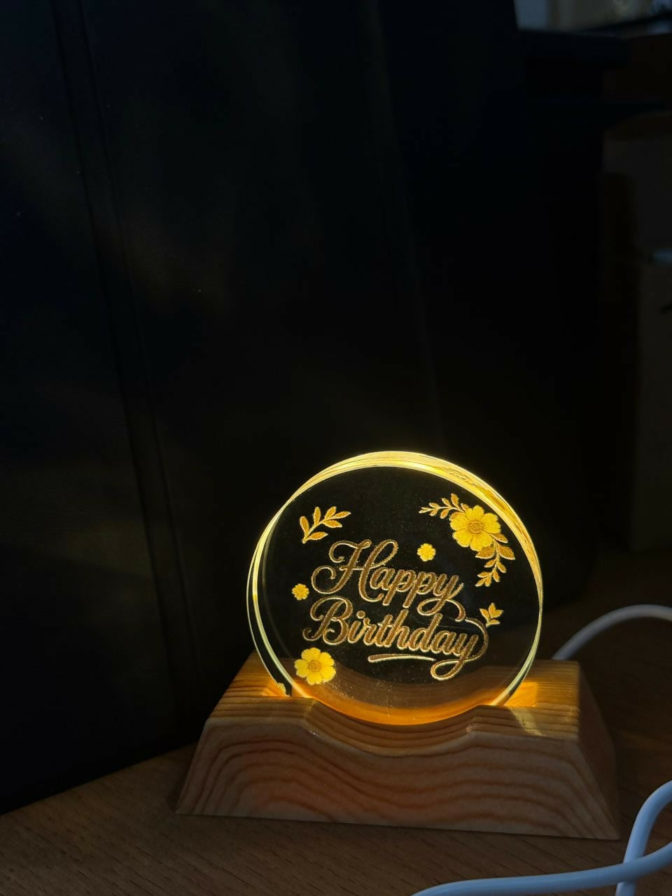Happy Birthday Acrylic LED Lamp with Wooden Base Floral Decorative Gift
