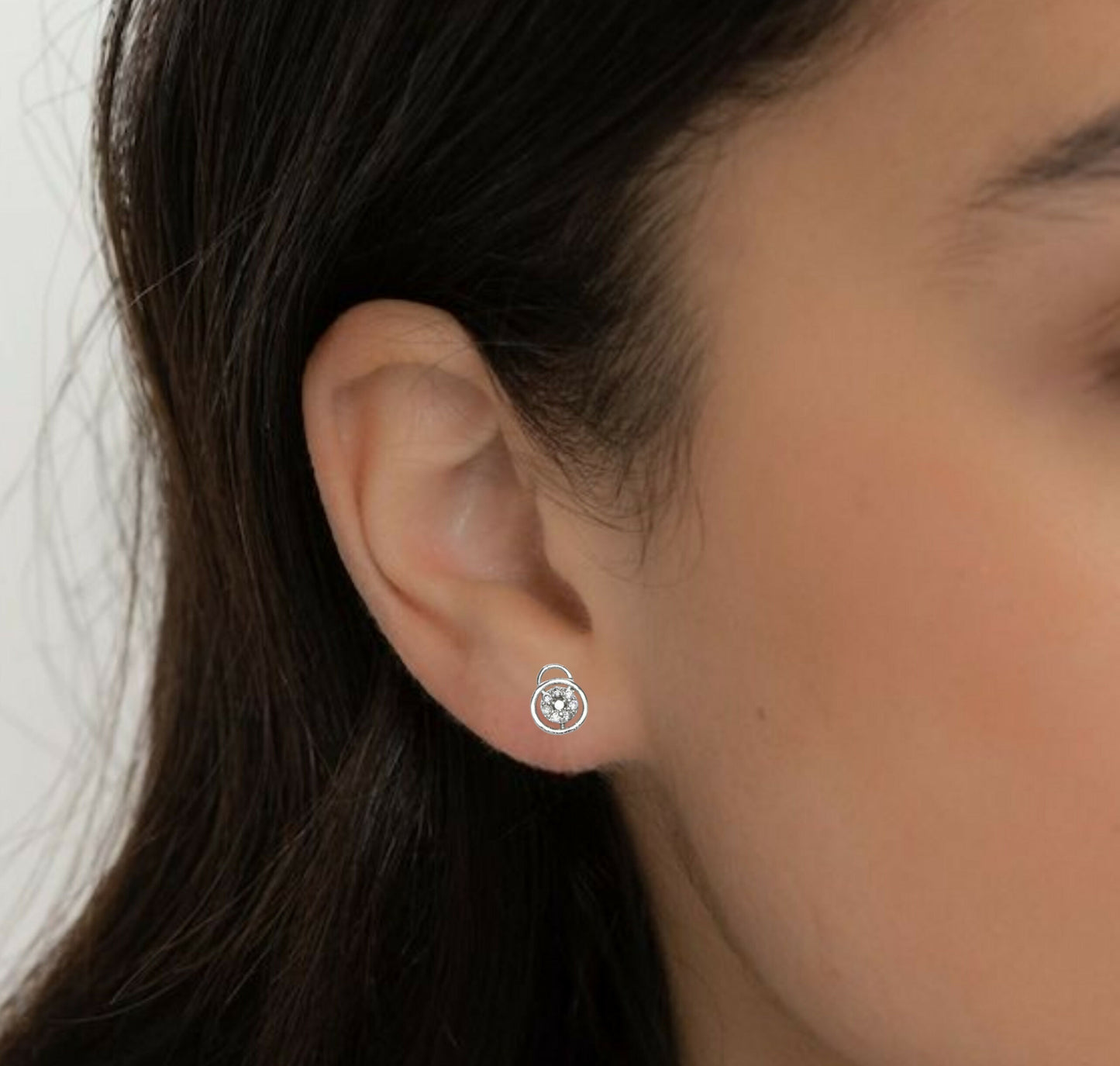 Silver Stud Earrings: Diamond-Look AD Circle Flower Design