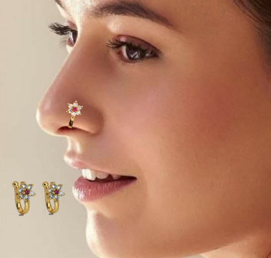Gold Plated Multicolor Floral Stone Nose Ring for Women Combo Pack of 2