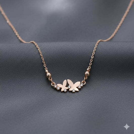 Rose Gold Double Butterfly Necklace | Dainty Zirconia Pendant
