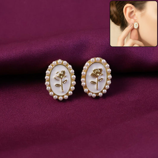 Elegant Vintage Rose Oval Pearl Stud Earrings for Women | Gold Plated Classic Floral Design | Korean Style Jewelry