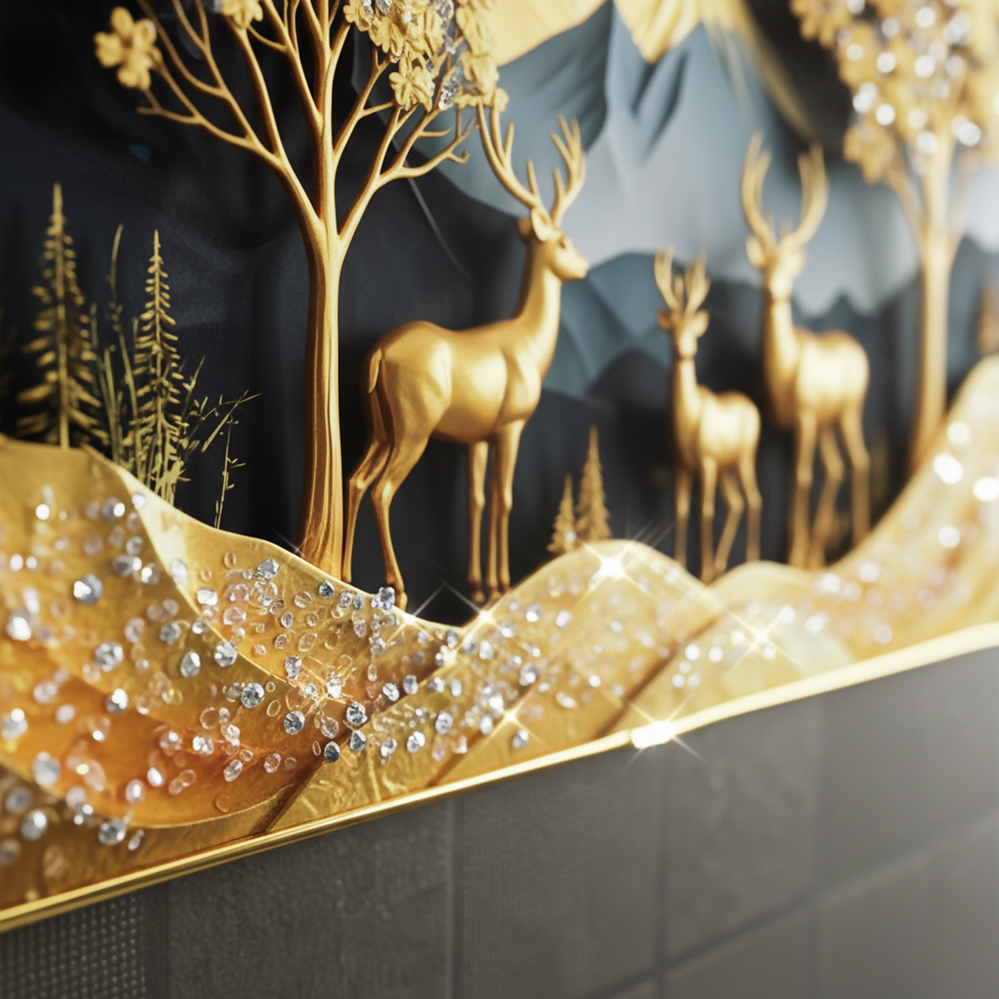 Luxury Golden Deer Mountain Landscape Wall Art Frame Home Decor