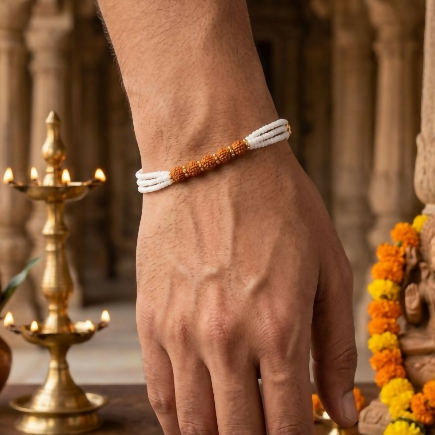 Close-up of triple-strand white pearl-finish beads with gold-toned spacers