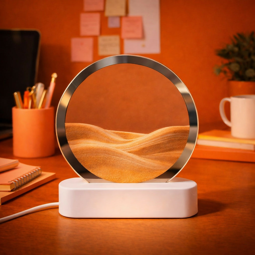 Close-up of flowing sand inside orange LED lamp