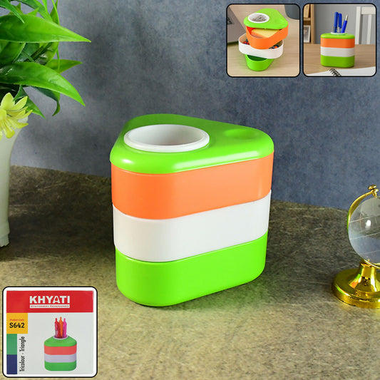 Khyati Tricolour Triangle Pen Stand – Multi-Layer Rotating Desk Organizer with Sliding Compartments