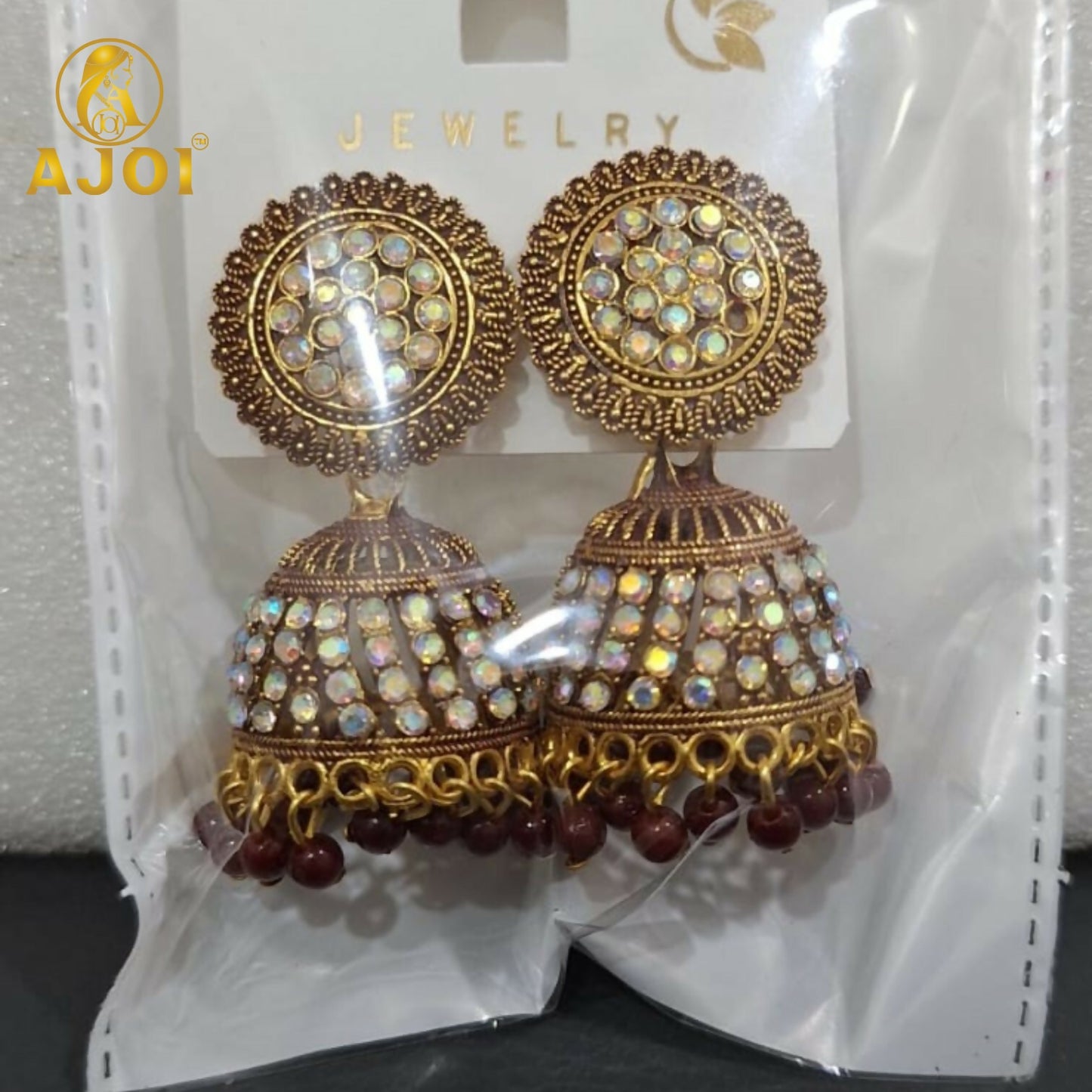 Antique Gold Pearl Jhumka Earrings with Maroon Ethnic Design