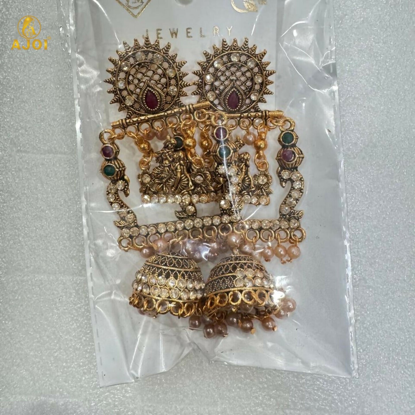 Antique Gold Finish Radha-Krishna Temple Jhumka Earring