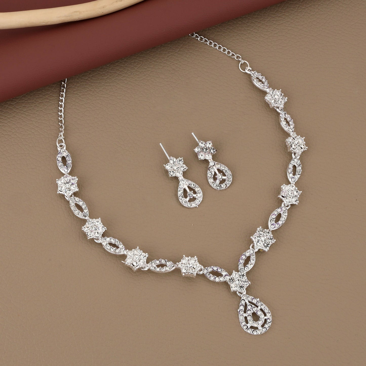 Elegant Silver-Toned American Diamond Jewellery Set