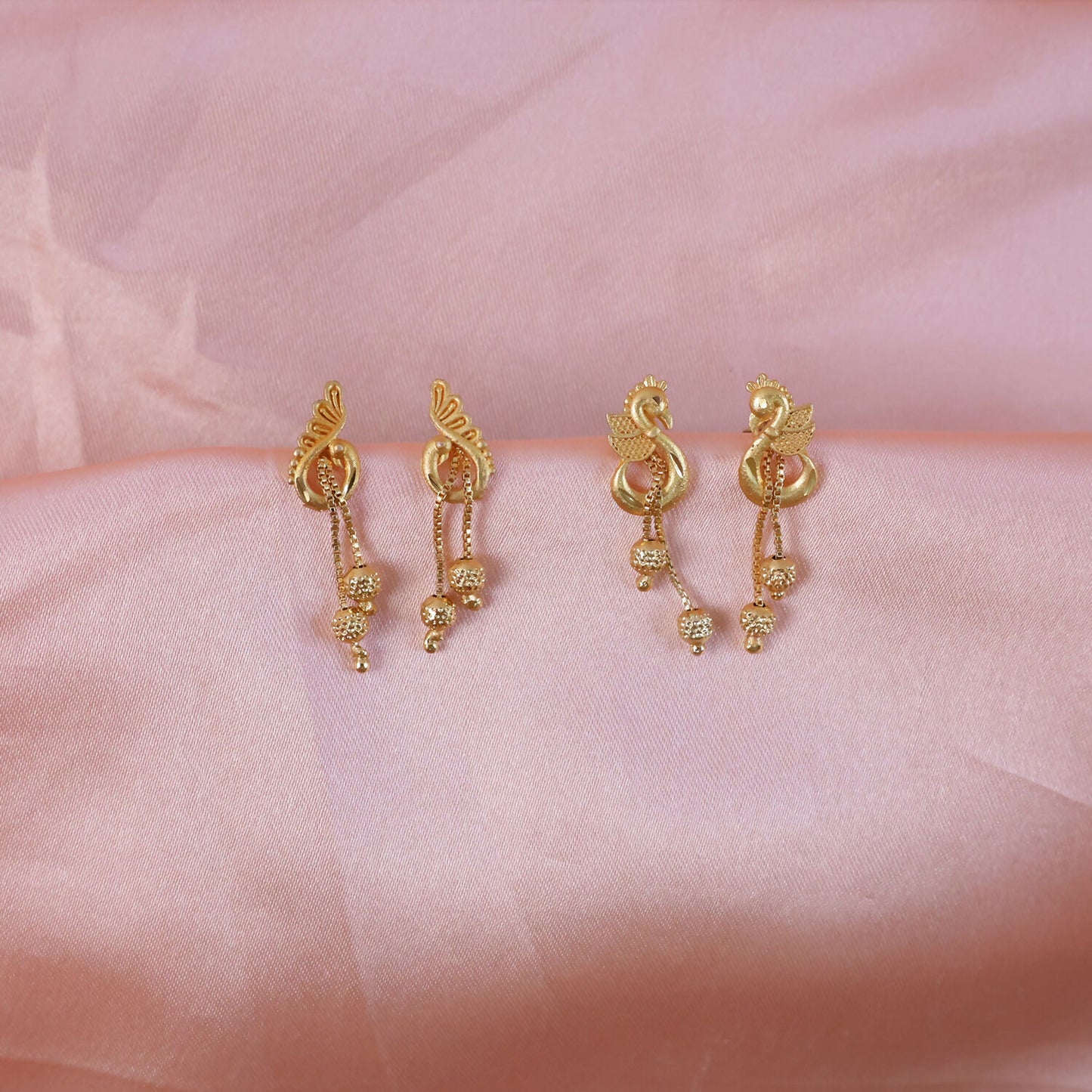 Luxury Swan Motif Gold Dangle Earrings with Cascading Chain Beads for Women (2 Pair)