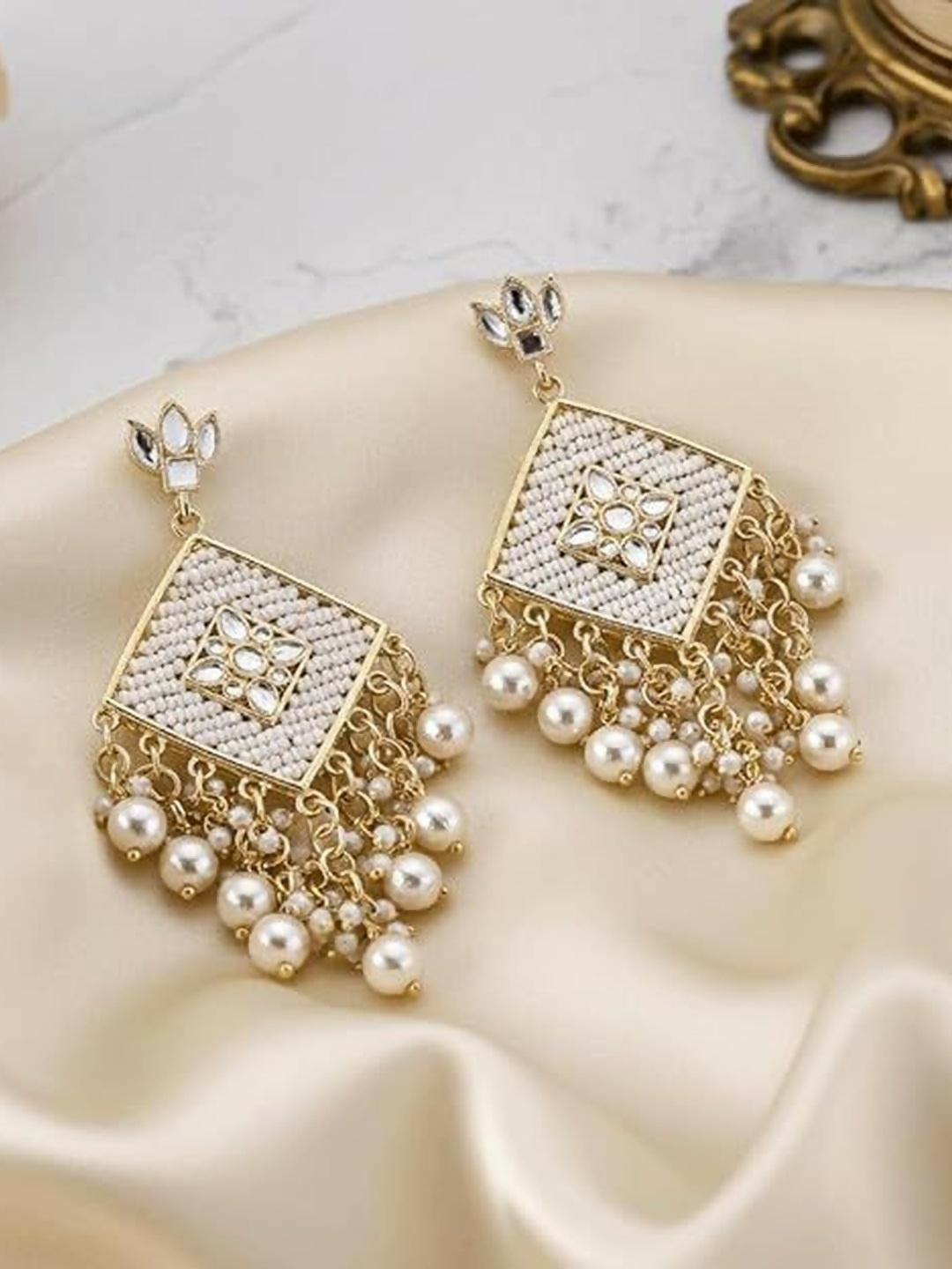 Traditional Kundan Stud Earrings with White Seed Bead Work and Pearl Drops.