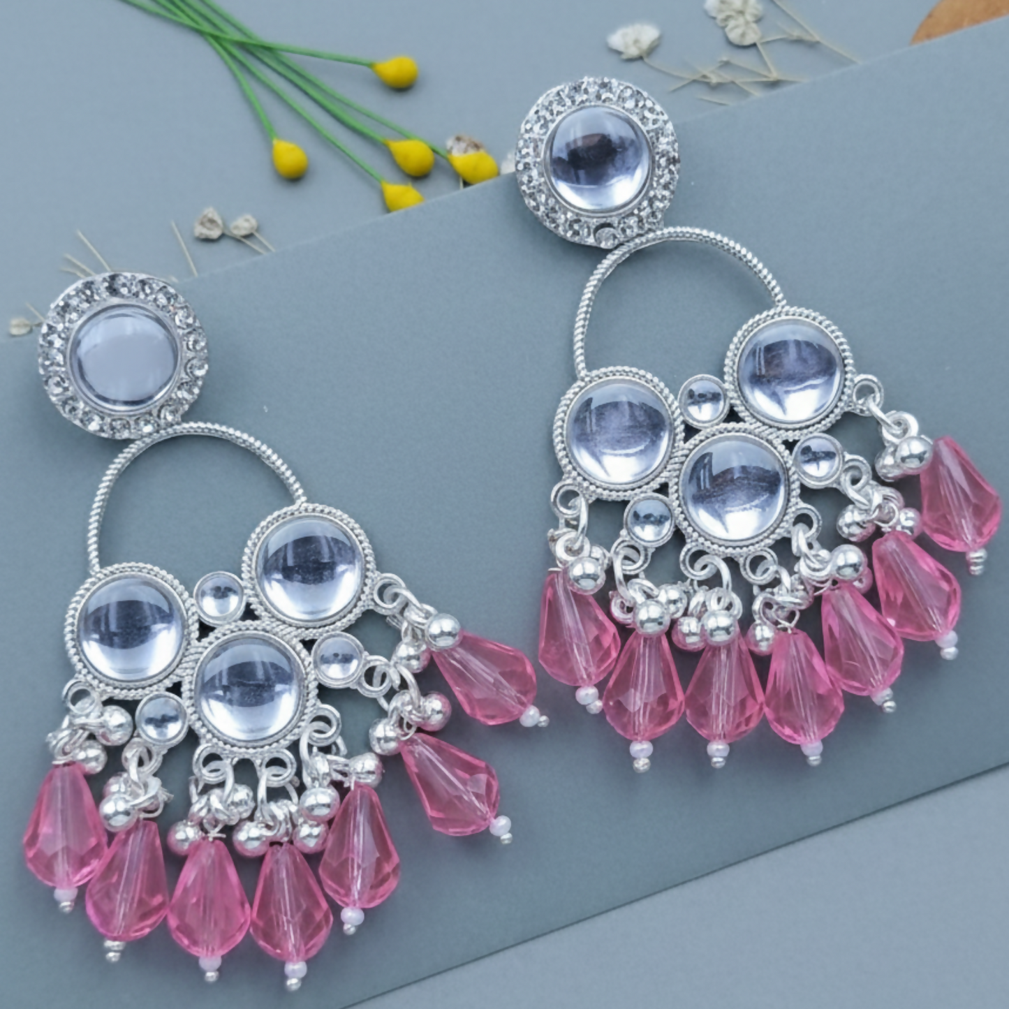 Kundan Baby Pink Pearl Silver Plated Chandbali Earrings Agate Alloy Chandbali Earring