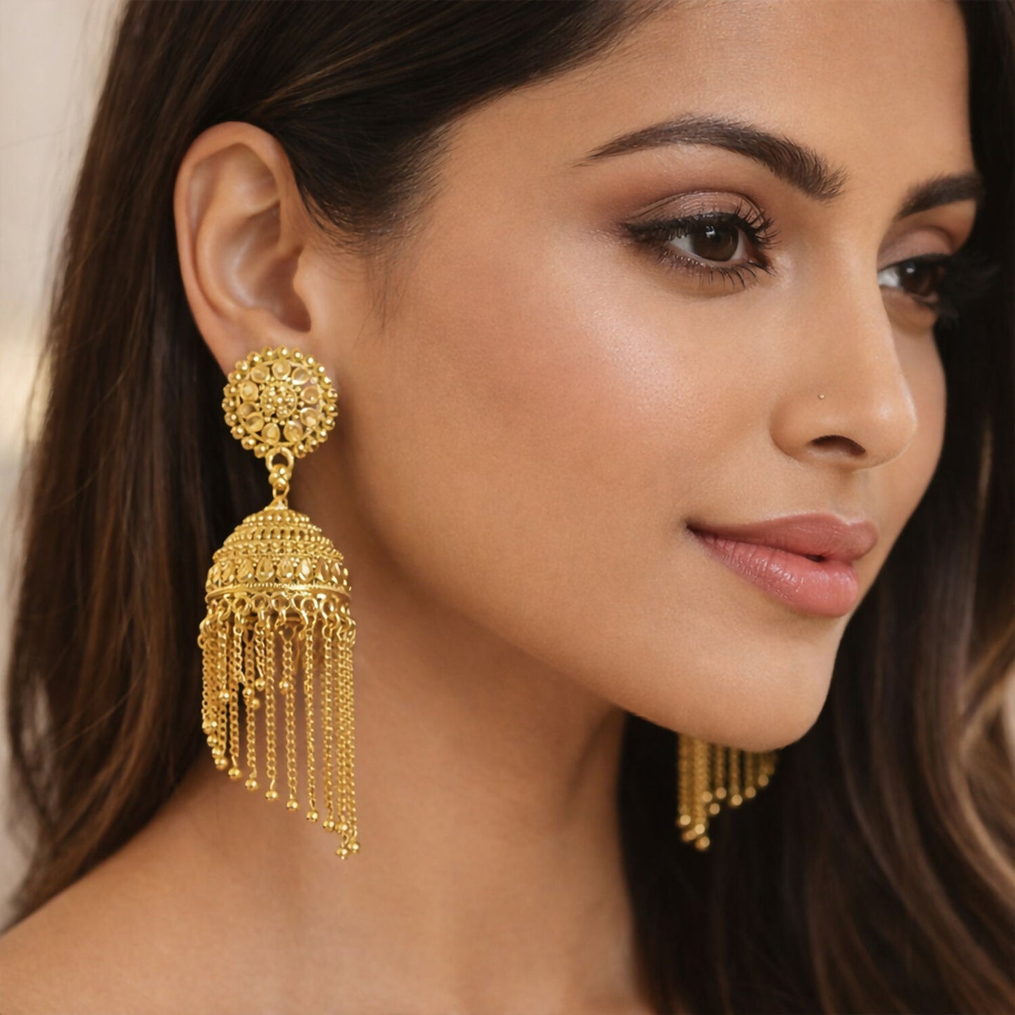 Traditional Gold Tone Jhumka Earrings with Red Bead Tassel Design For Woman And Girl