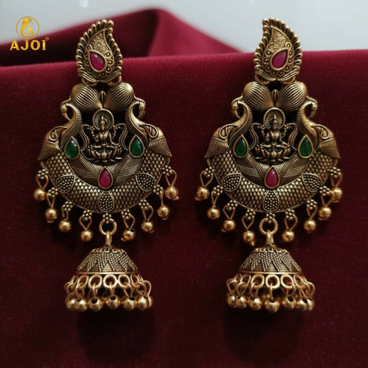 Antique gold plated temple jhumka earrings with Lakshmi motif