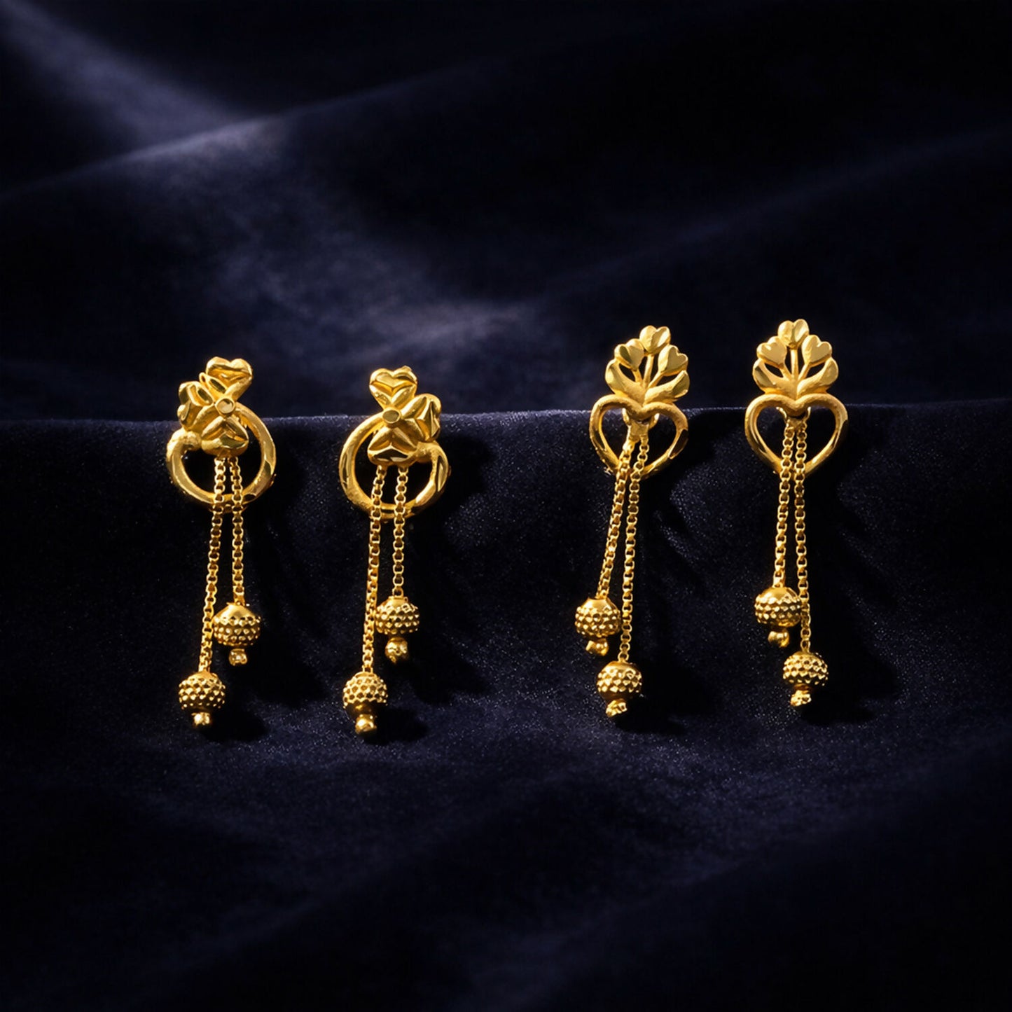 Royal Bloom Heart Drop Earrings with Triple Chain Gold Beads – Floral Statement Jewelry (2 Pair)