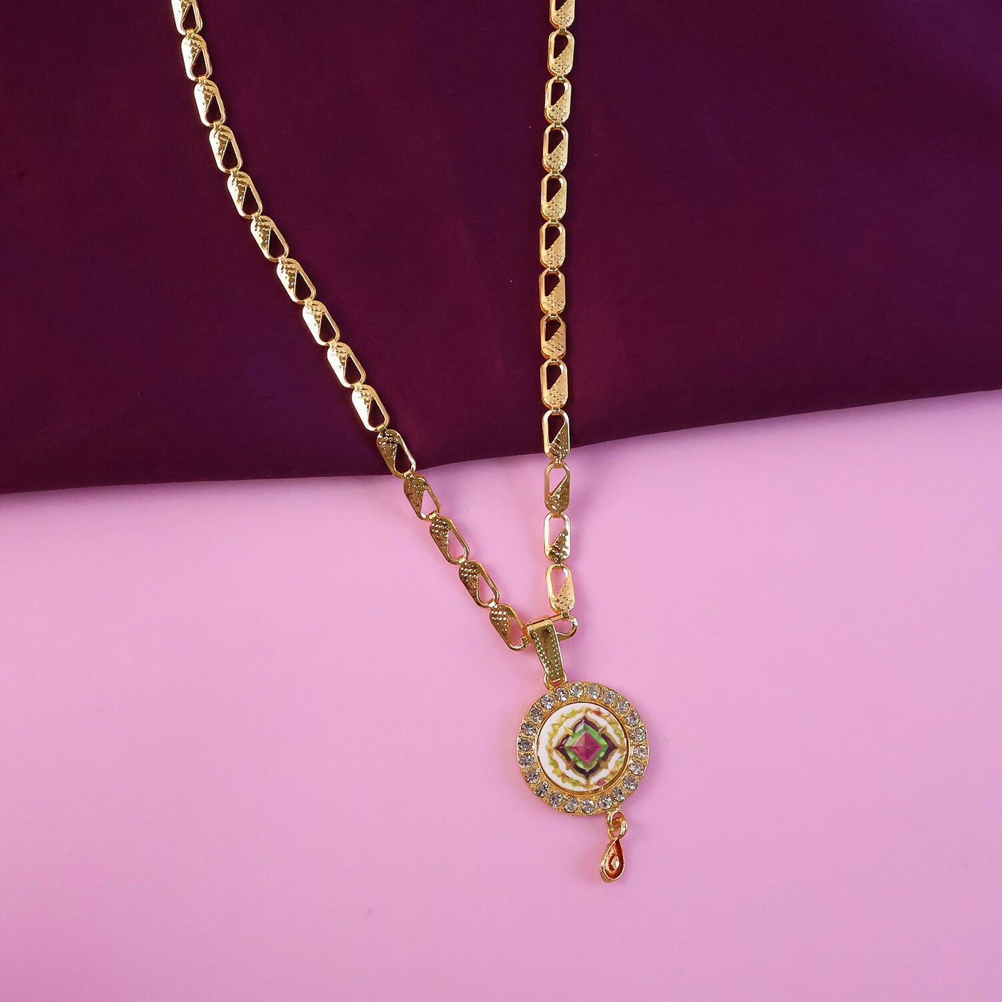 Gold Pendant Necklace with Colorful Mandala & Stone Border