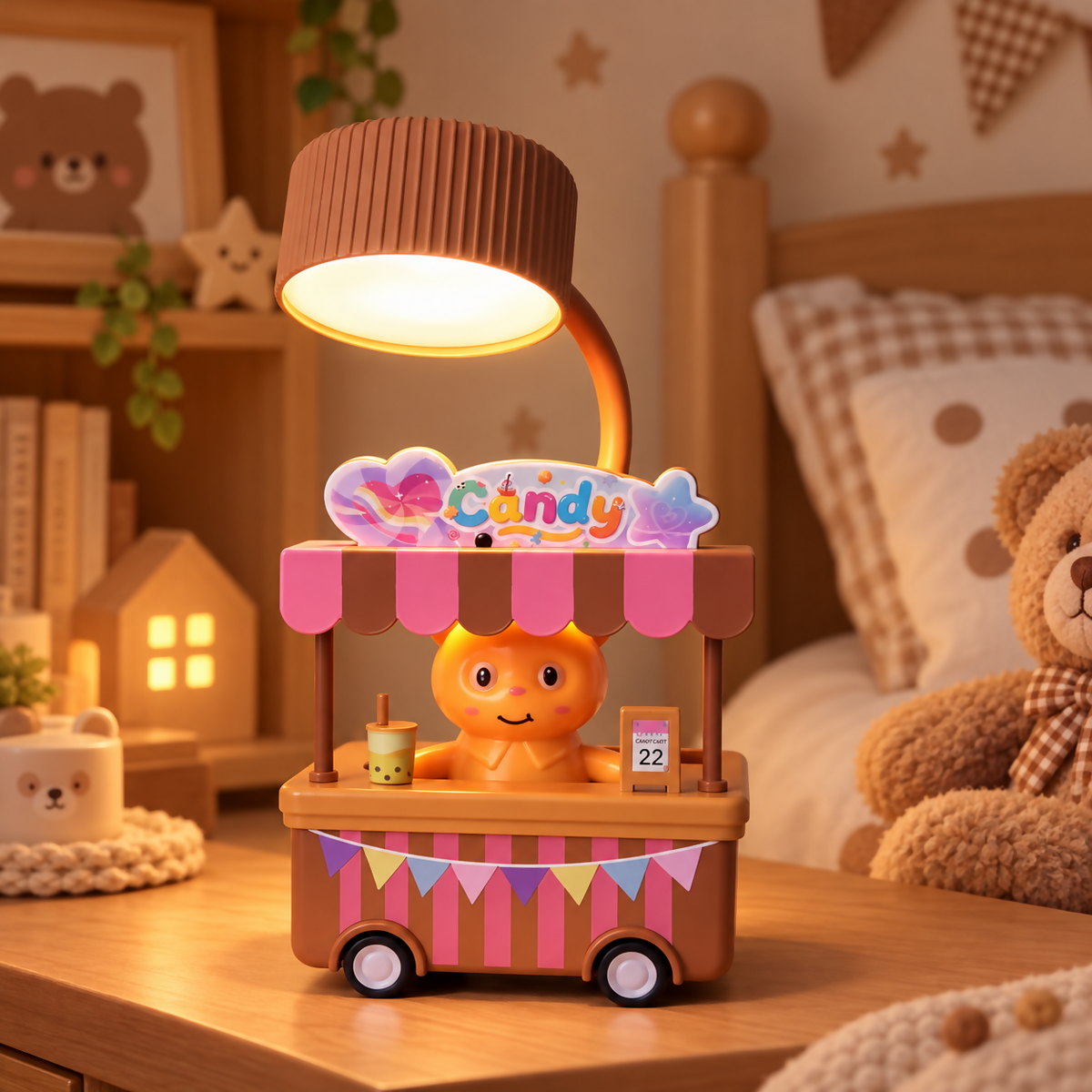 A brown and pink candy cart desk lamp with a glowing light, on a wooden nightstand beside a teddy bear.