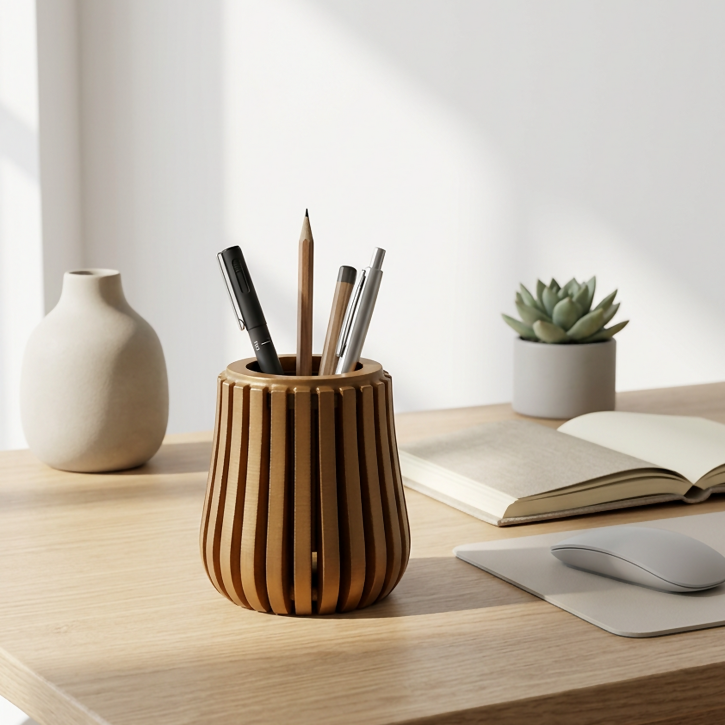 Close-up of a modern brown wooden pen holder on a desk with stationery.