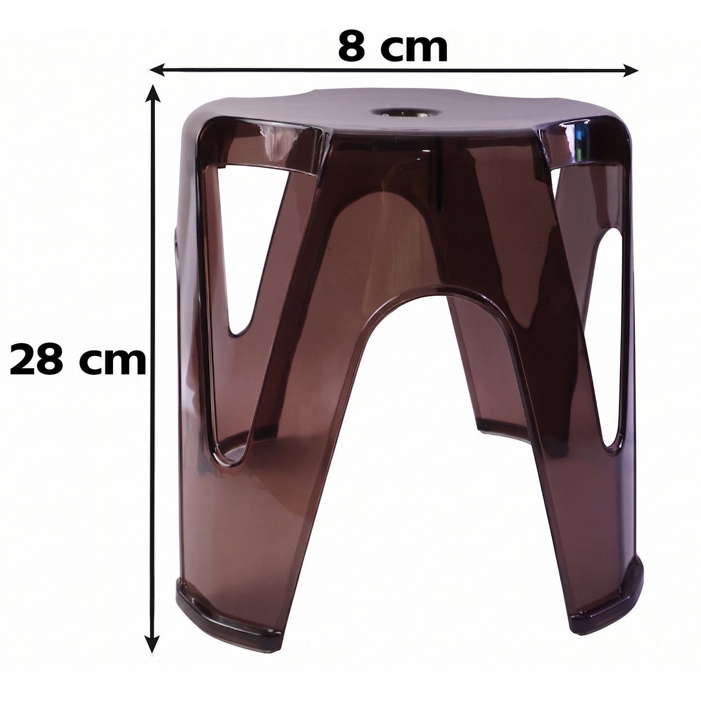 A person sitting comfortably on a transparent plastic stool, demonstrating its utility.