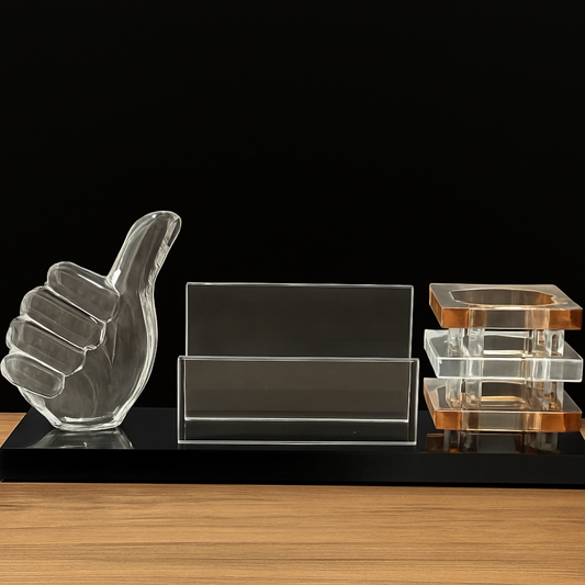 Premium Glass Desk Organizer with Thumbs-Up Sculpture, Transparent Business Card Holder & Stacked Amber Crystal Pen Stand for Office, Study Table & Corporate Gifting