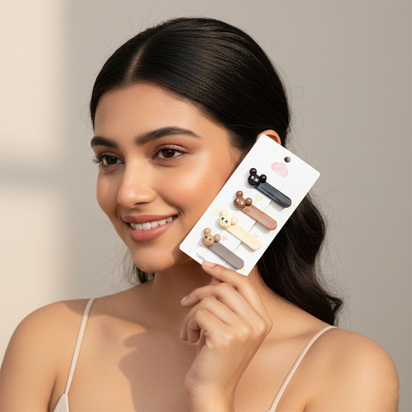 Face closeup with cartoon bear hair pins