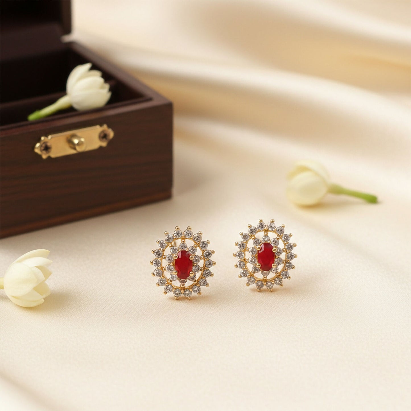Elegant Red CZ Stone Stud Earrings with Gold Finish for Party, Wedding & Daily Wear