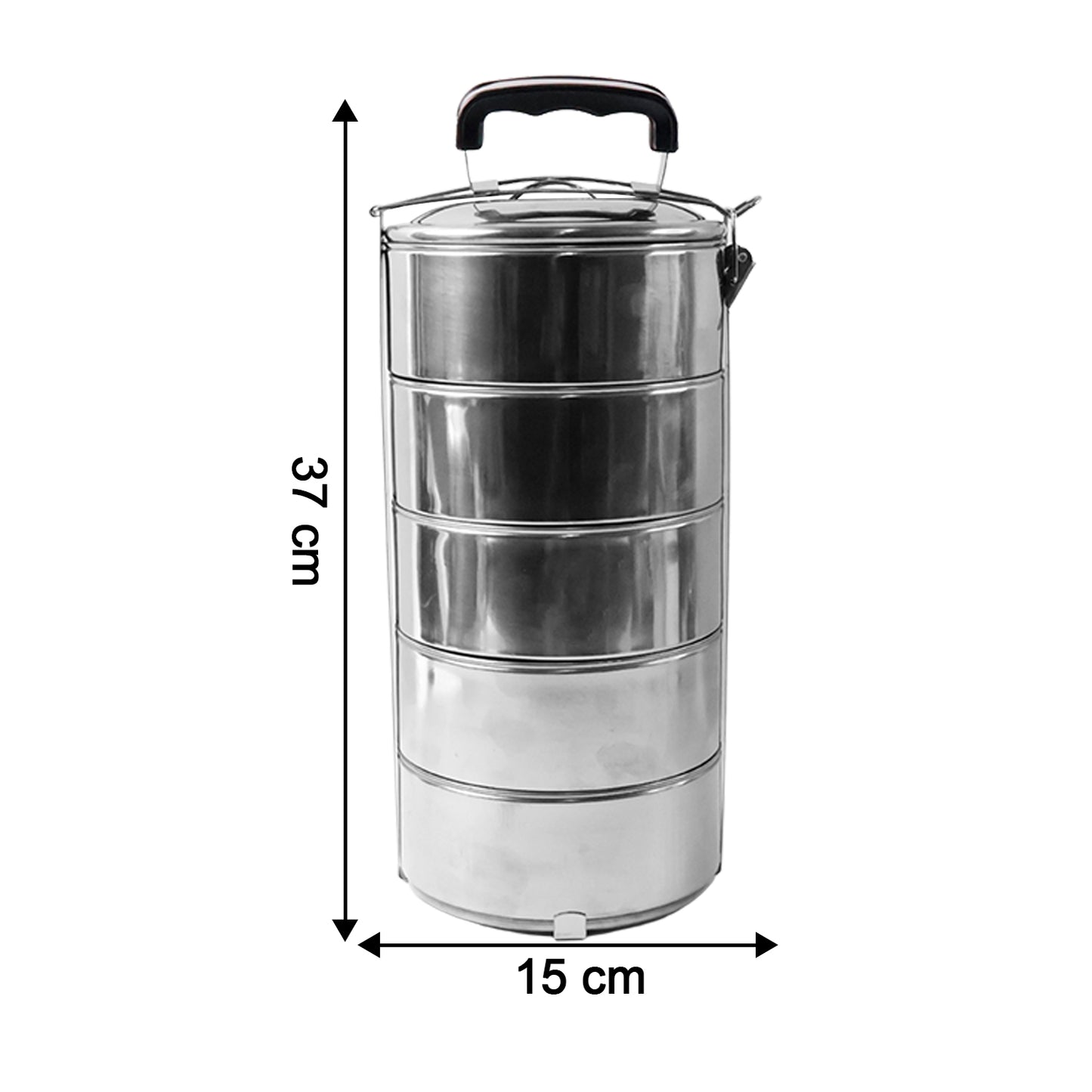 5 Compartment Lunch Box (Stainless Steel): Round Tiffin, Leakproof (16x5")
