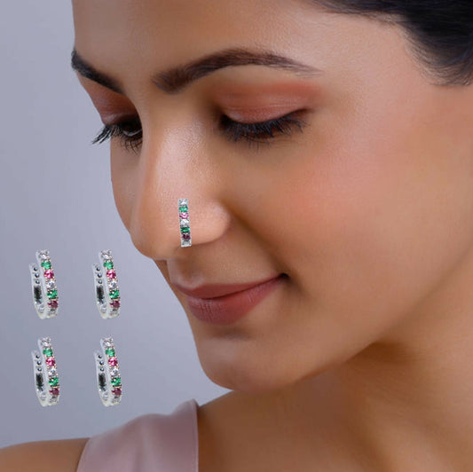 Clip-On Nose Ring Combo | Flower Stud & Double Hoop Nath Combo Pack of 4