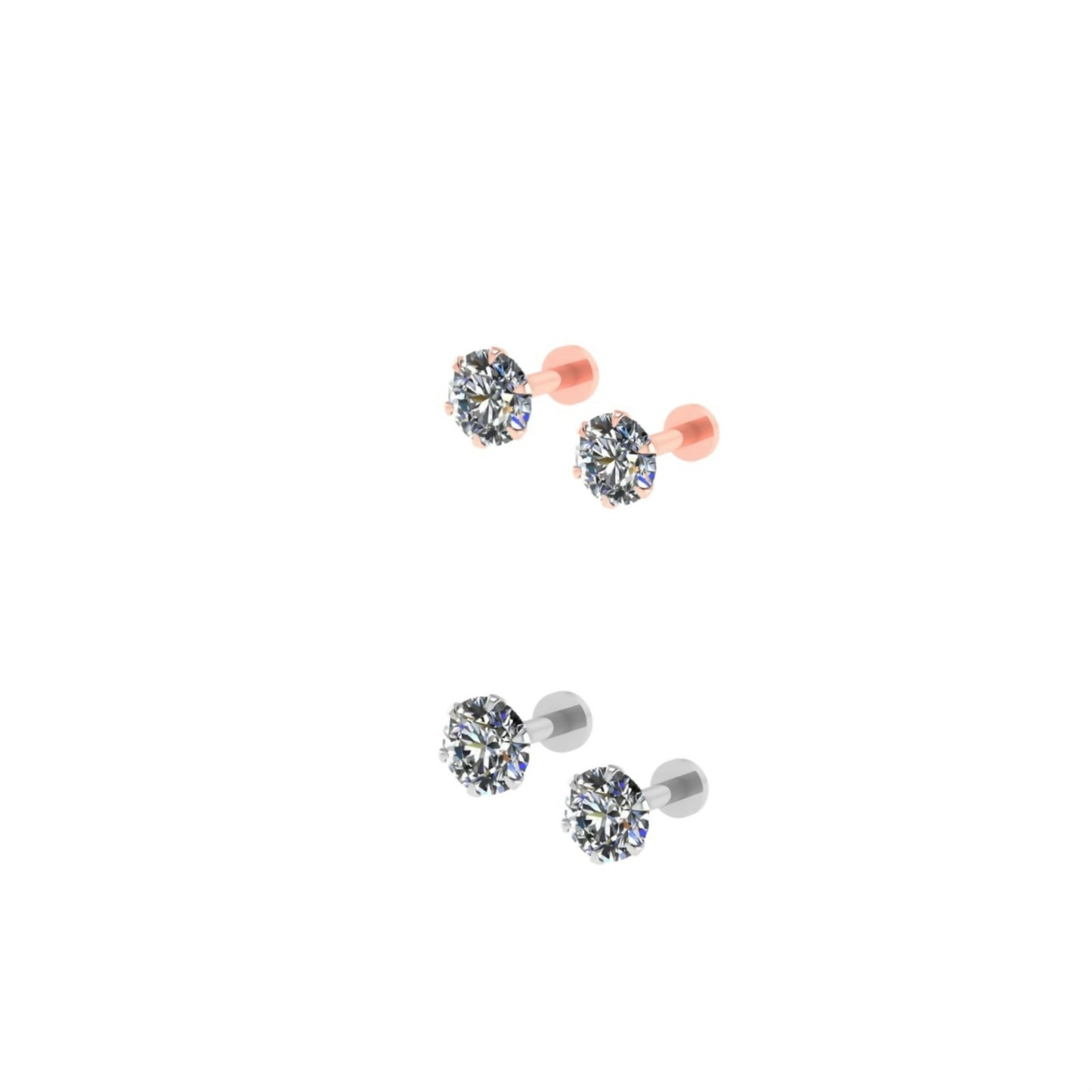 Side view of silver plated round CZ solitaire stud earrings with secure flat backs