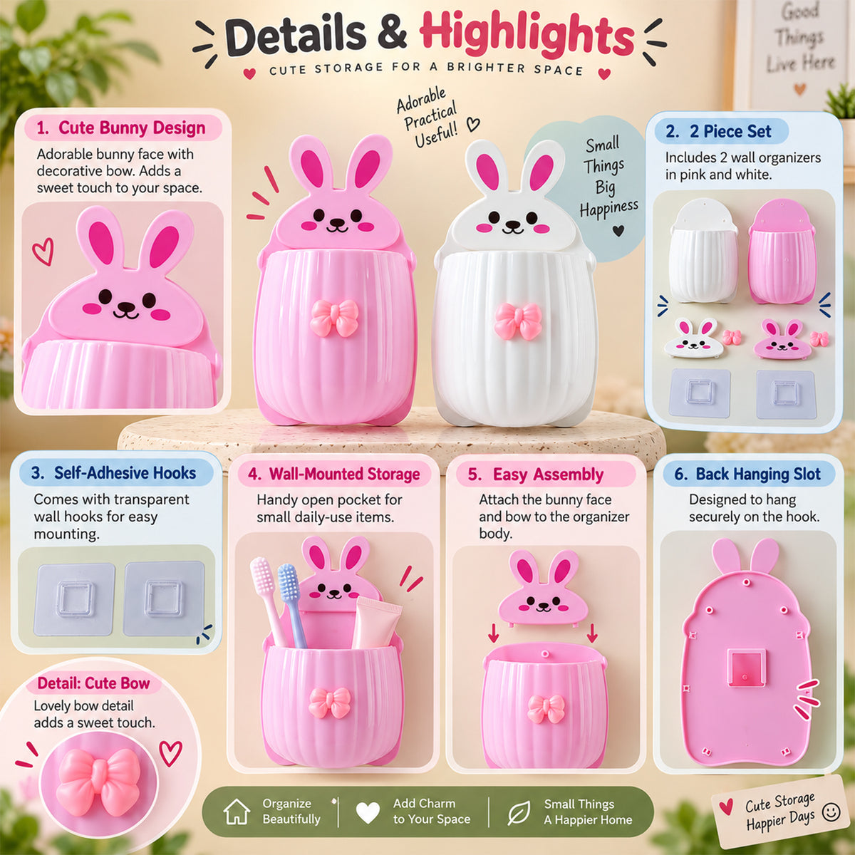 Infographic detailing features of the rabbit organizers, including design, two-piece set, hooks, and assembly.