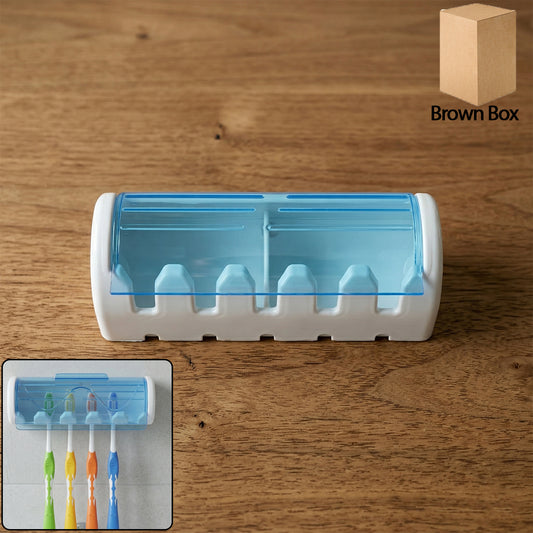 Wall mounted toothbrush holder with protective cover on bathroom wall