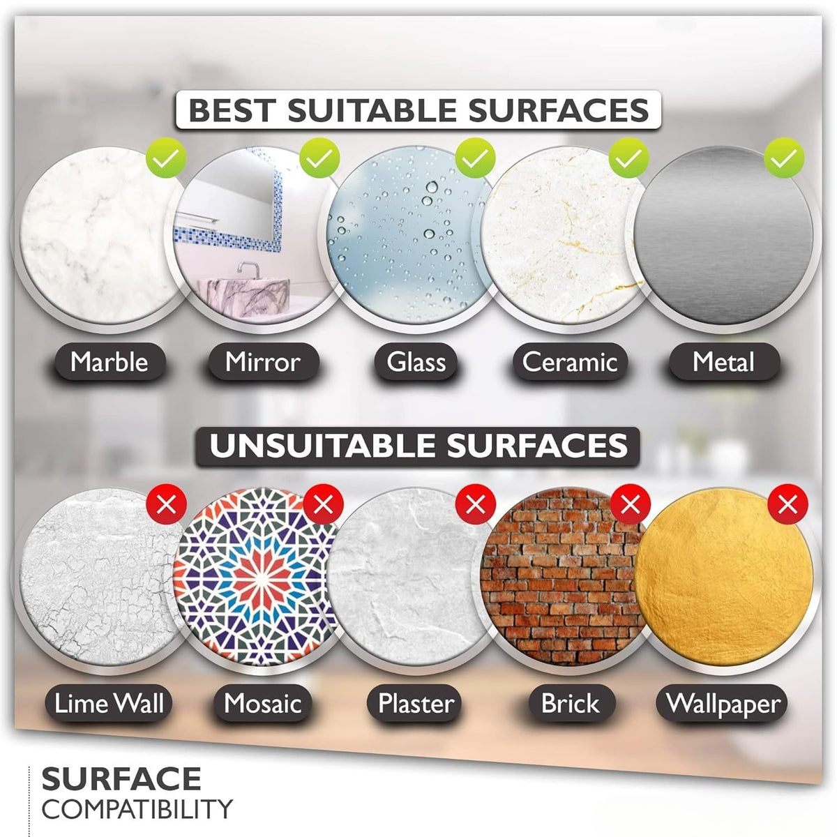 A diagram showing suitable surfaces like marble, mirror, glass, ceramic, and metal, and unsuitable surfaces like lime wall,