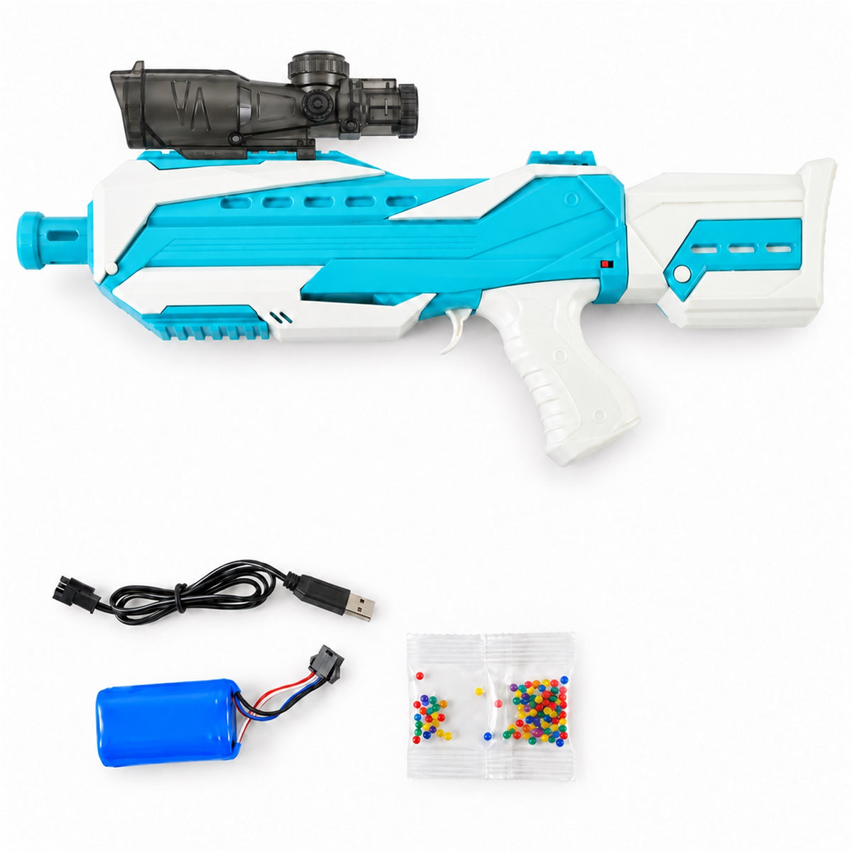 The blue and white gel blaster, a USB charging cable, a blue battery pack, and a clear bag of colorful gel beads.