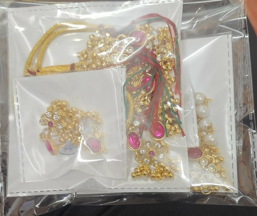 Traditional Gold-Plated Pink Stone & Pearl Bridal Jewelry Set with Necklace, Earrings