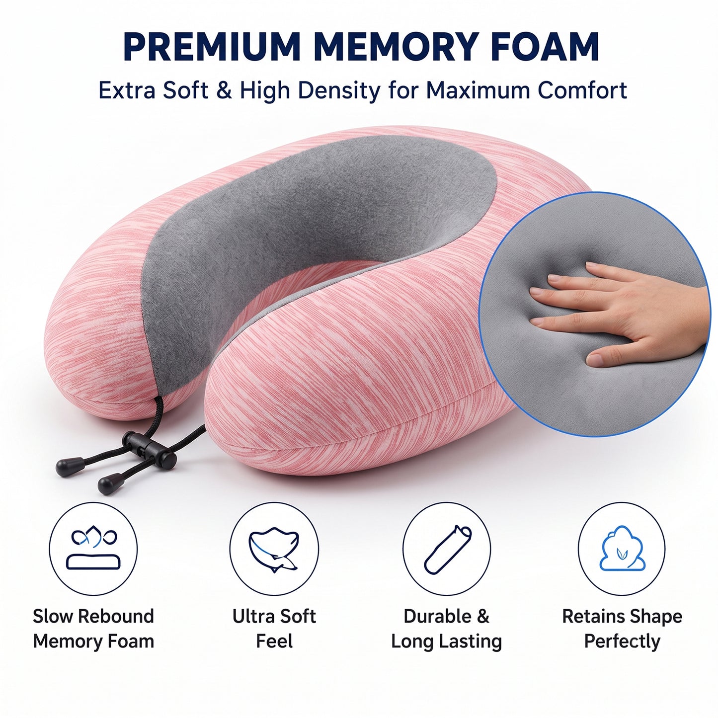 U Shaped Travel Neck Pillow Pink Grey with Drawstring Toggle (1 Pc)