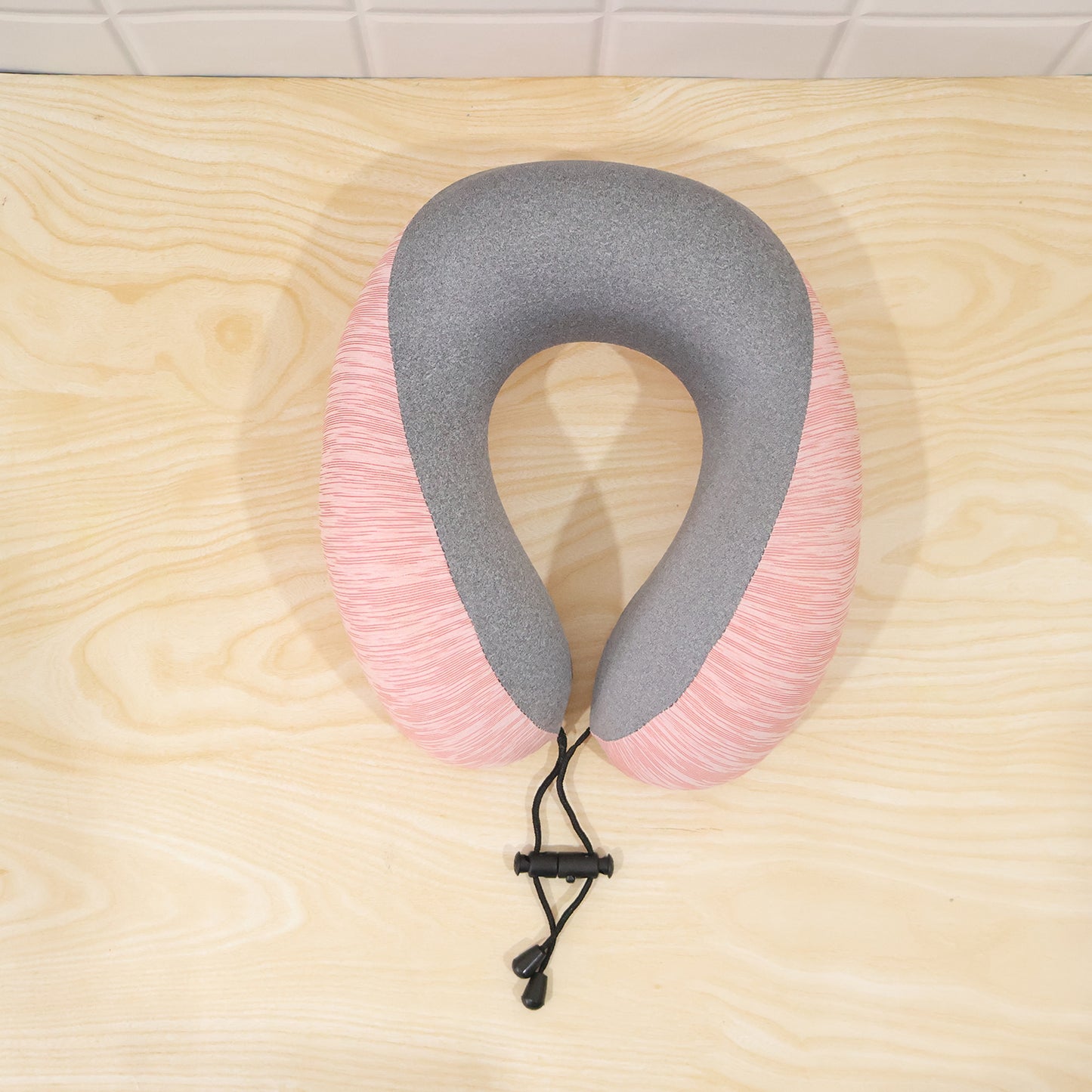U Shaped Travel Neck Pillow Pink Grey with Drawstring Toggle (1 Pc)