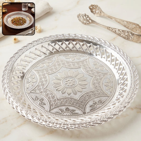 Decorative silver serving tray round floral