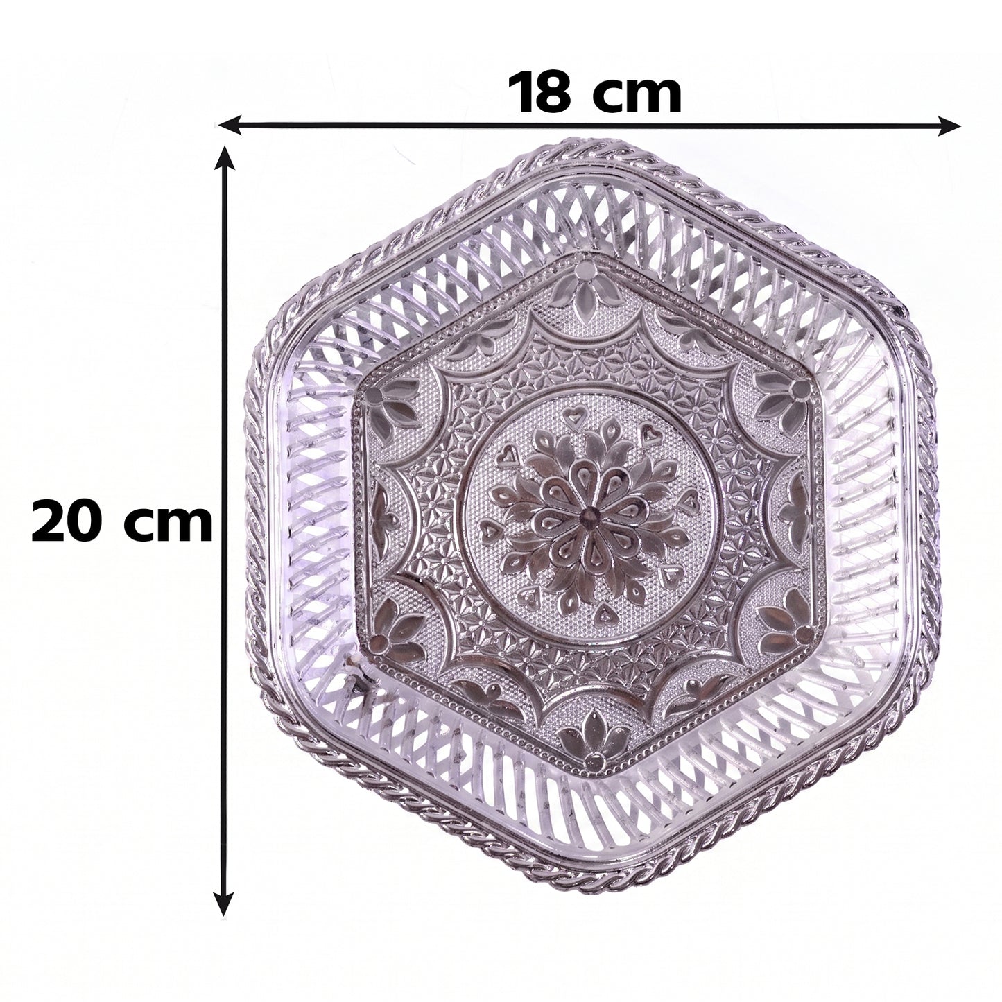 Stylish silver serving platter with lattice border for elegant table presentation