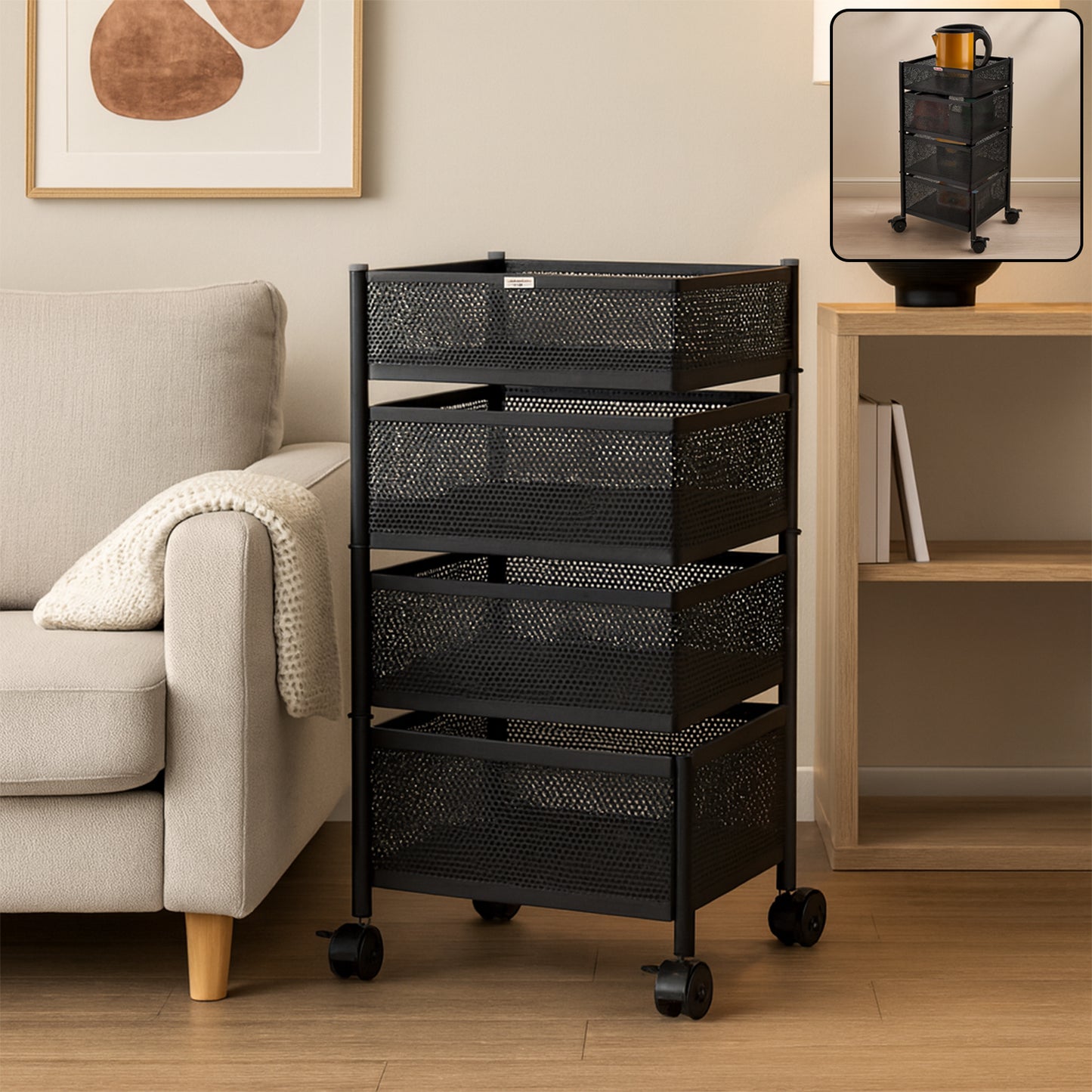 KitchKing 4 Layer Square Metal Mesh Storage Trolley with Wheels – Multi-Purpose Movable Organizer Rack (Black)