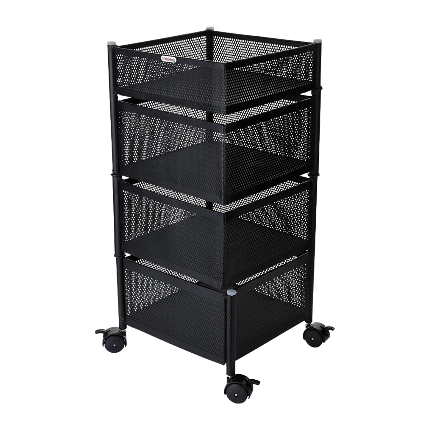 KitchKing 4 Layer Square Metal Mesh Storage Trolley with Wheels – Multi-Purpose Movable Organizer Rack (Black)