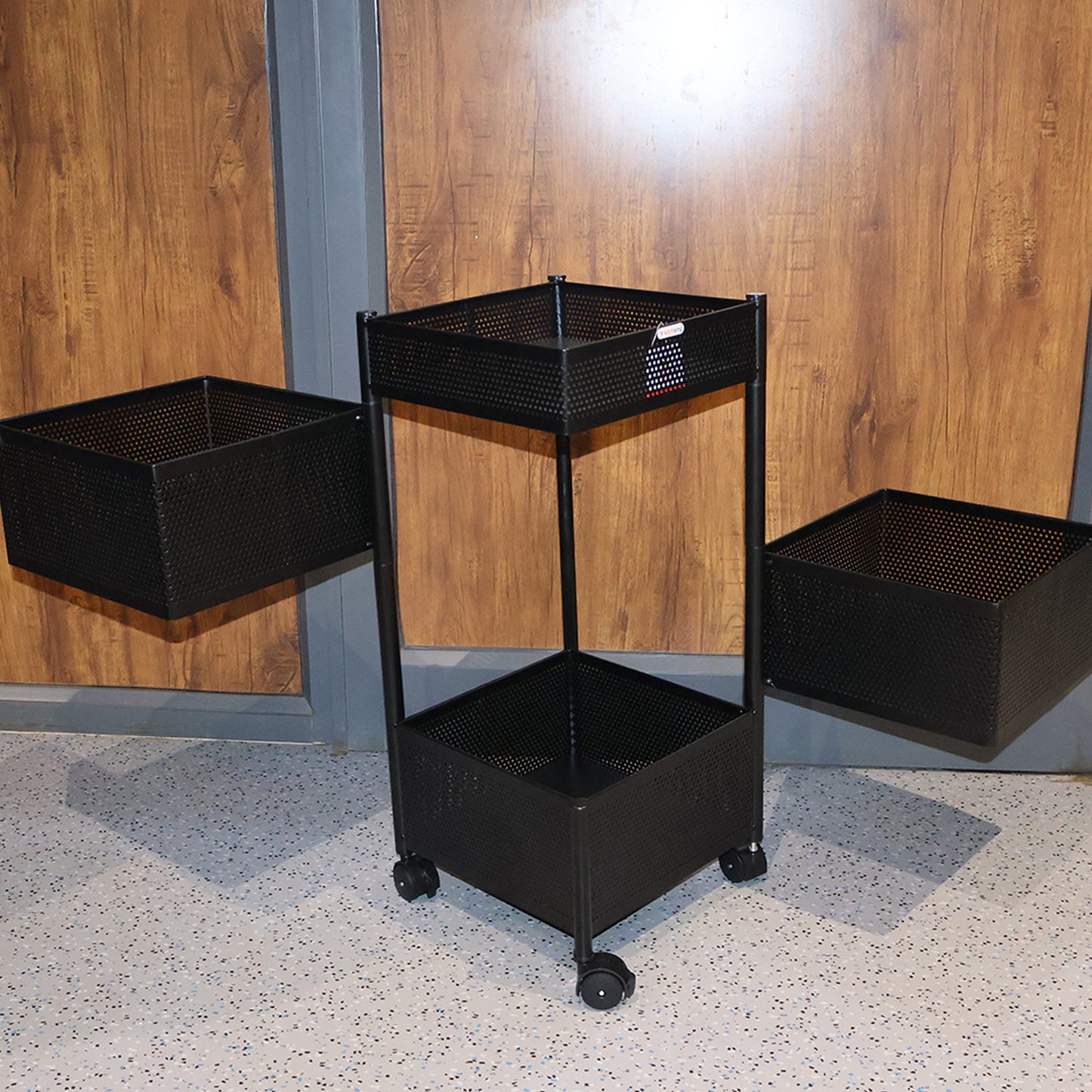 KitchKing 4 Layer Square Metal Mesh Storage Trolley with Wheels – Multi-Purpose Movable Organizer Rack (Black)