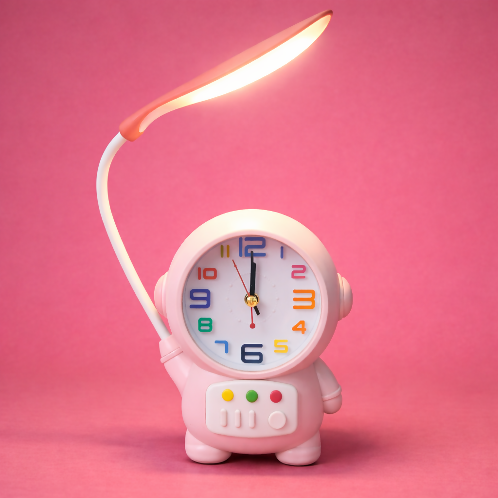 Pink Astronaut Desk Lamp with Alarm Clock for Kids Study Table Bedroom