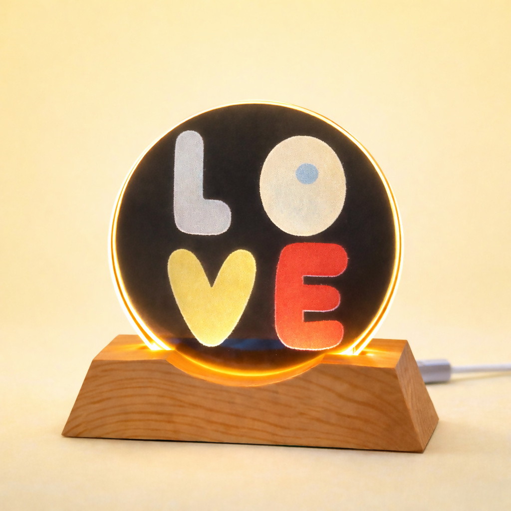 LOVE Acrylic LED Lamp with Wooden Base | USB Powered Decorative Night Light