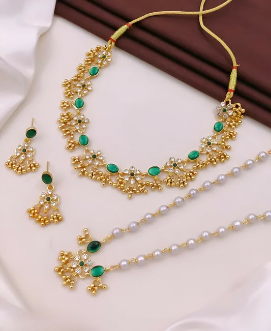 Elegant Gold-Plated Green Stone & Pearl Bridal Jewelry Set with Necklace, Earrings