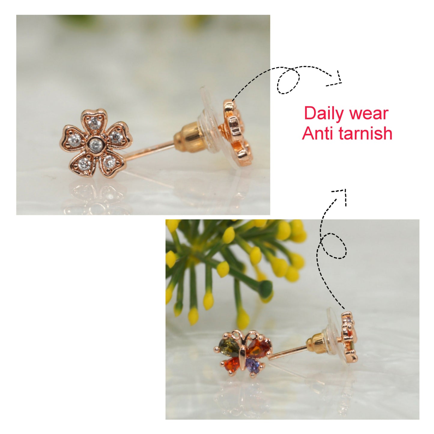 Close-up of delicate rose gold flower stud earrings with clear cubic zirconia stones
