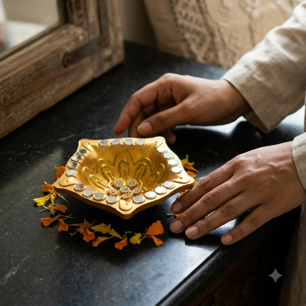 Hands gently place a gold decorative diya surrounded by orange flower petals on a dark countertop.