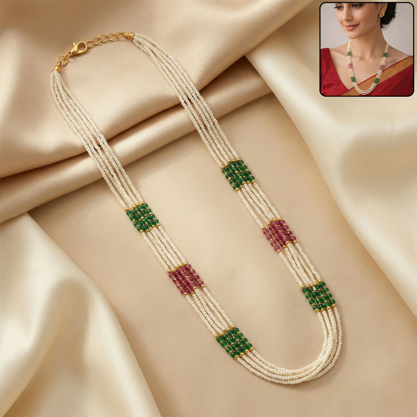 Multi-strand pearl mala necklace with green and pink bead accents for traditional Wear